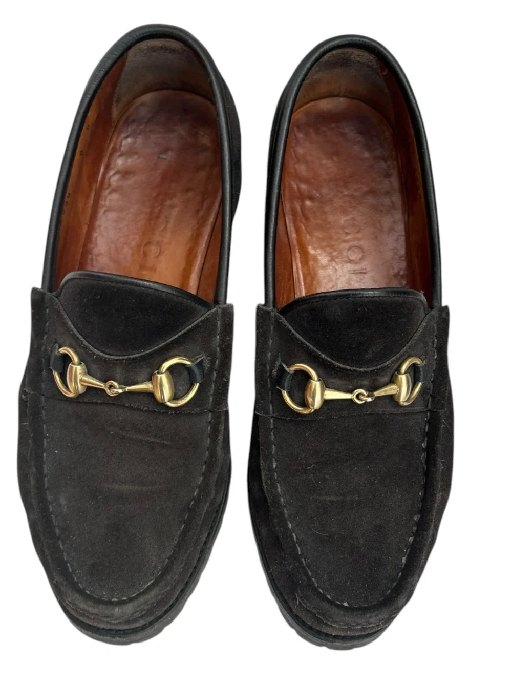 Gucci Italy brown suede classic gold horse bit mens slip on loafer shoes LUG 9D
